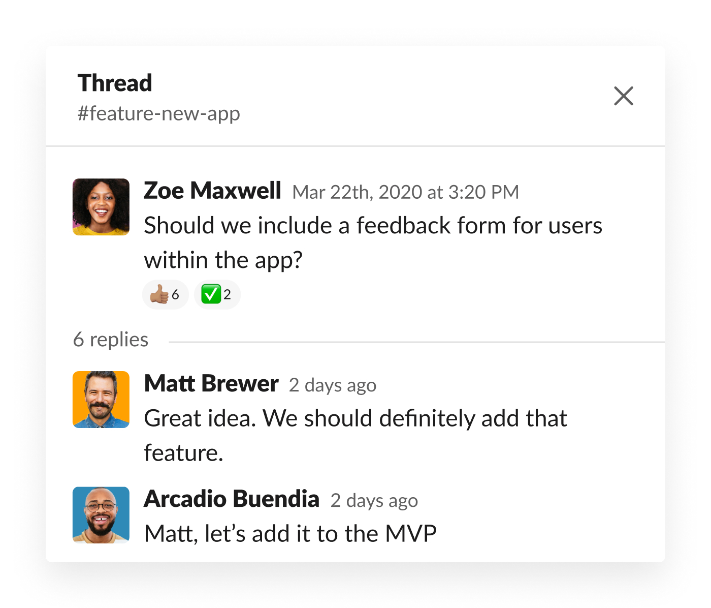 Slack thread discussing feedback form for users in app