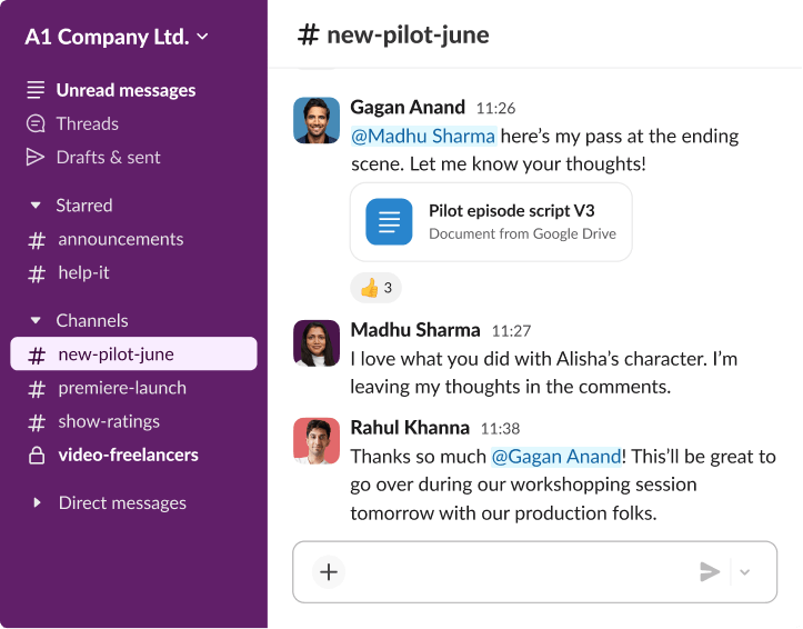 A Slack thread in the new-pilot-june channel where team members Alfonso Huertas, Carmen Vega and Paul Leung review a pilot episode script.