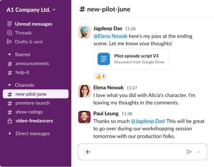 A Slack thread in the new-pilot-june channel where team members Alfonso Huertas, Carmen Vega and Paul Leung review a pilot episode script.