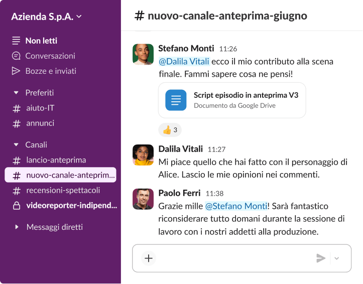 Una conversazione Slack nel canale nuovo-canale-anteprima-giugno in cui Maurizio Lombardo, Beatrice Mancini e Paolo Ferri revisionano lo script di un episodio pilota.