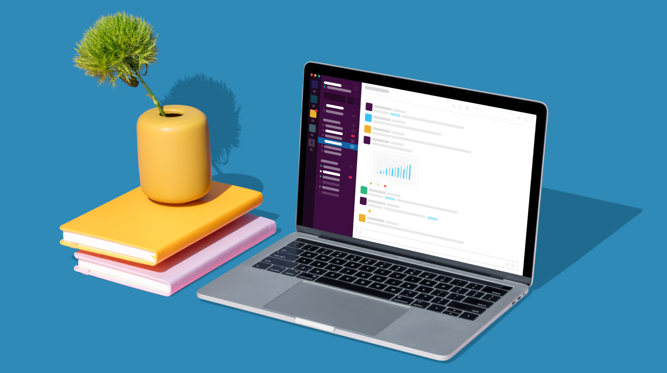 computer next to books and a plant