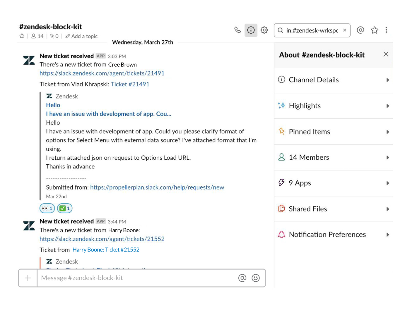 Zendesk integration in Slack posting customer tickets in channel